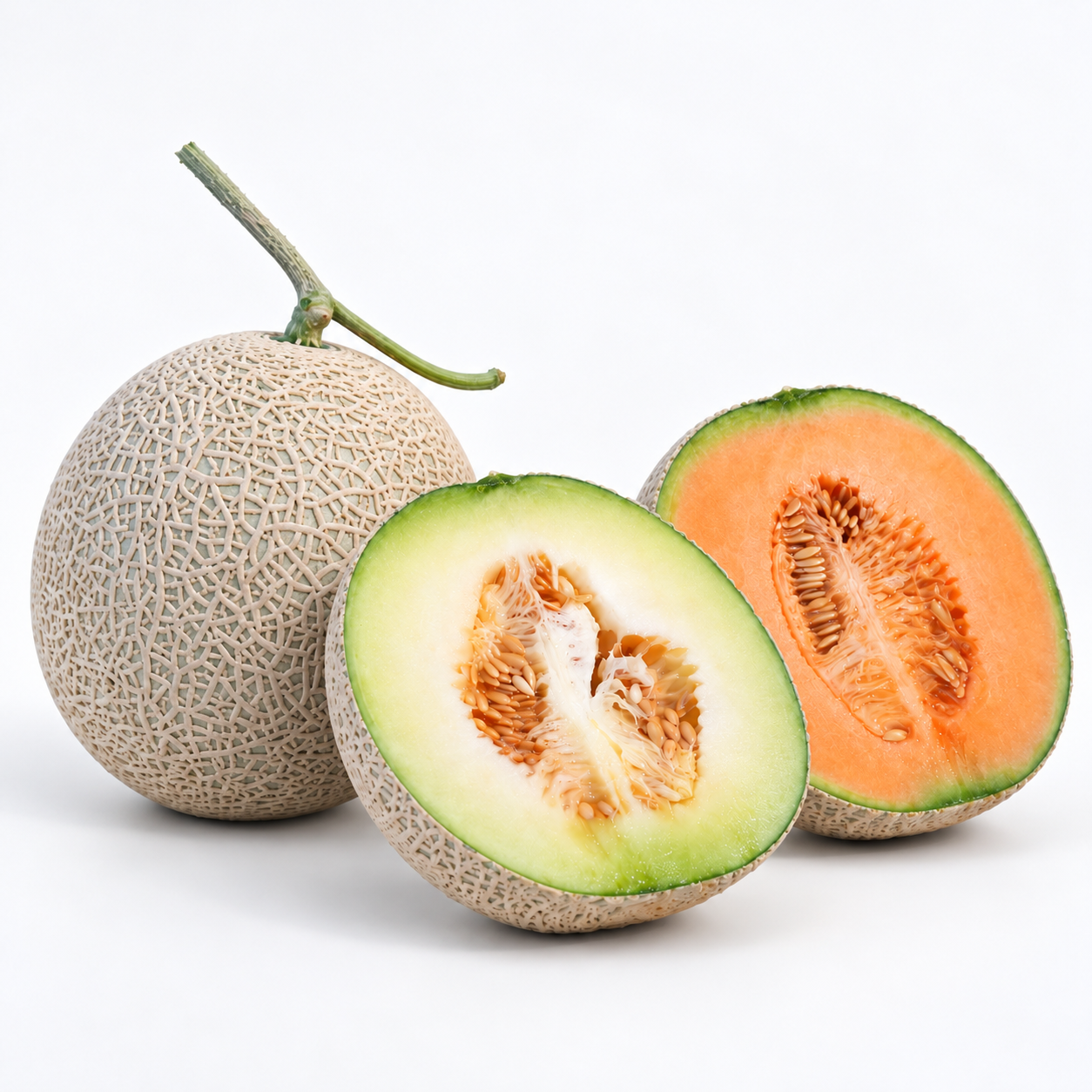 Whole Maki melon with green-fleshed Emerald and orange-fleshed Amber melon halves on a white background