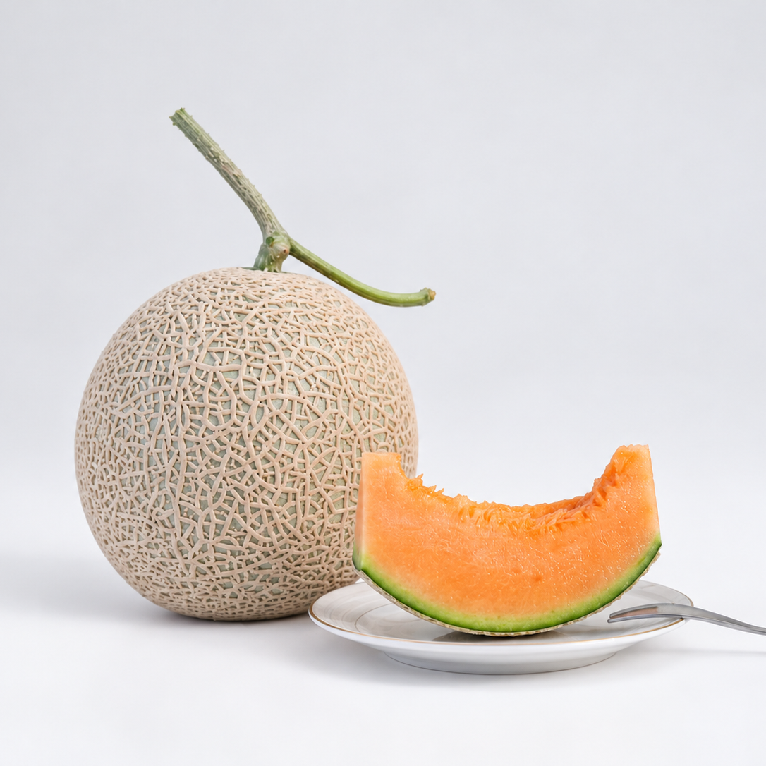 Premium Japanese orange flesh melon displayed whole alongside a fresh melon slice served on a white plate.