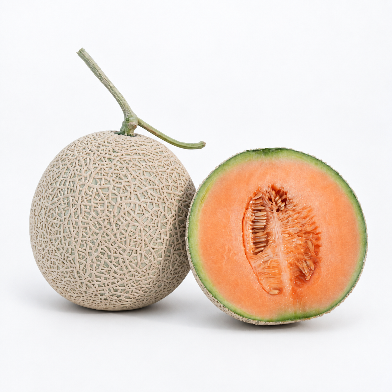 Premium Japanese orange flesh melon with a whole melon and a freshly cut half showing its vibrant orange flesh and seeds.