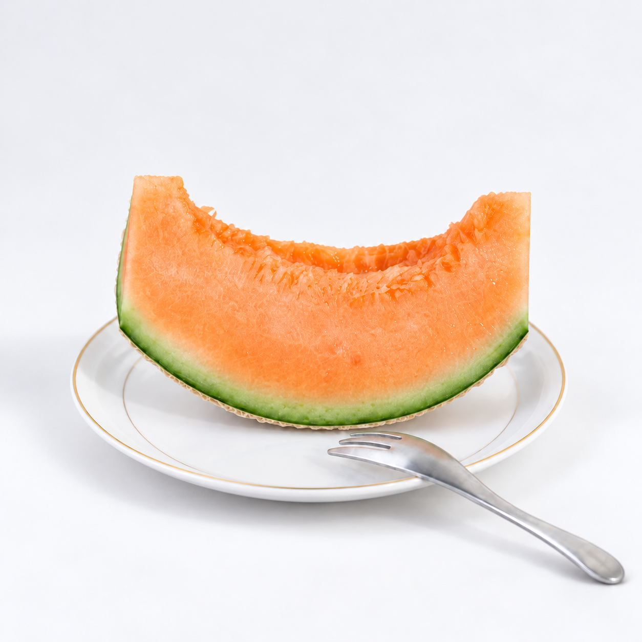 
                  
                    Fresh slice of Japanese orange flesh melon with juicy, vibrant orange flesh, elegantly presented on a white plate.
                  
                