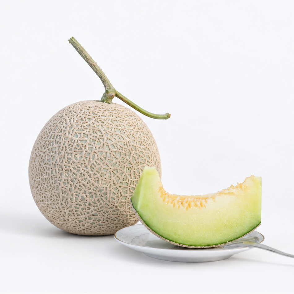 Premium Japanese green flesh melon displayed whole alongside a fresh melon slice served on a white plate.